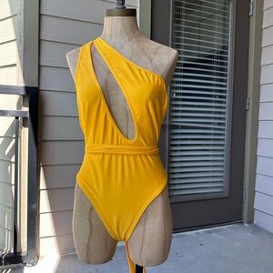 Custom Asymmetrical Golden Yellow One-Piece Swimsuit